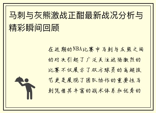 马刺与灰熊激战正酣最新战况分析与精彩瞬间回顾